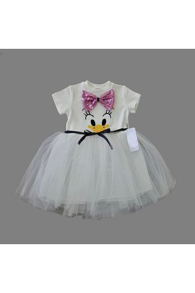 Kaplan 1-2-3 Years Old Sequin Bow Buckle Duck Embroidered Lined Baby Girl Tutu Dress White