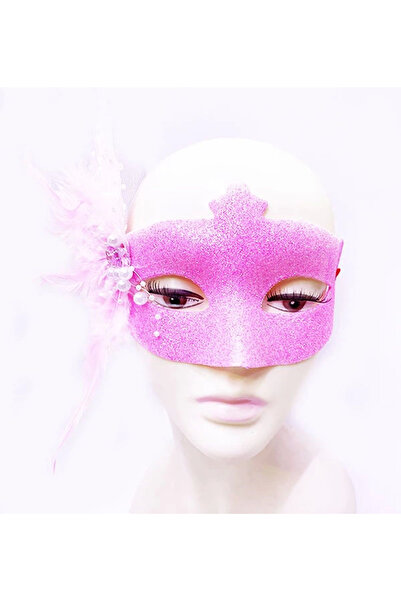 Twin Store Embroidered Pearl Bead Detailed Feathered Ball Mask Pink Color 13X...