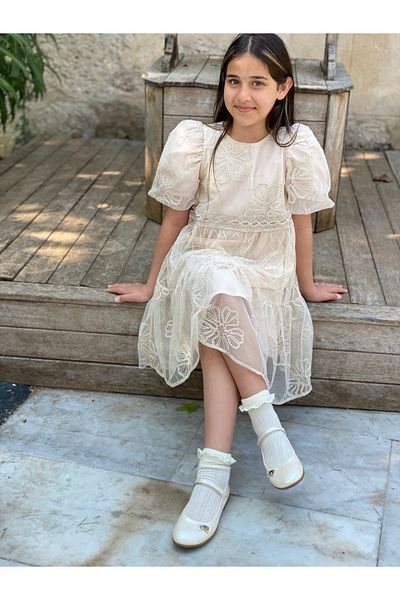 HC Kids Wear Girl's Tulle Embroidery Patterned Summer Eid Graduation Dress