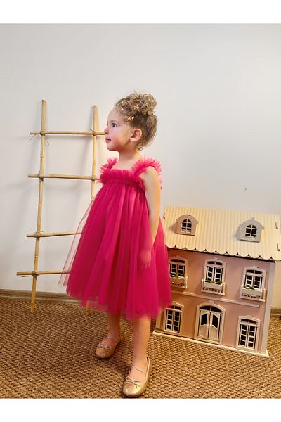 penu baby kids Fuchsia Strap Plain Tulle Girl's Dress-Tulle