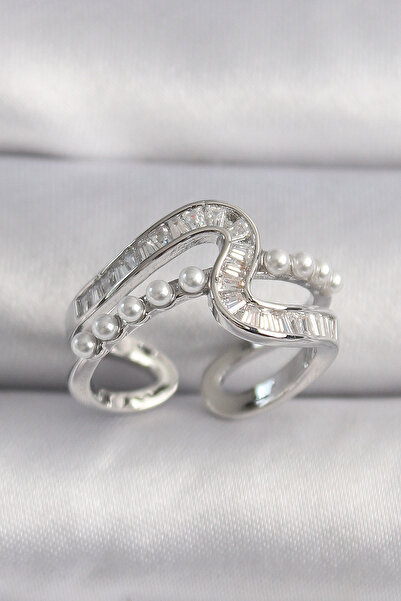 Clariss Brass Silver Color Zircon Stone Pearl Detail Vip Series Women's Ring