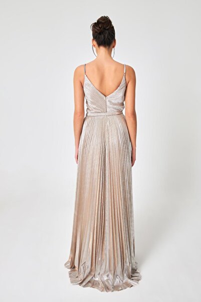 Setre Mink Silver Belt and Pleat Detail V-Neck Long Evening Dress