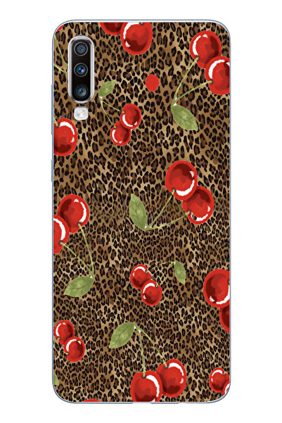 moonset Samsung Galaxy A70 Uyumlu Leopar ve Kiraz Tasarımlı Baskılı Şeffaf Te...