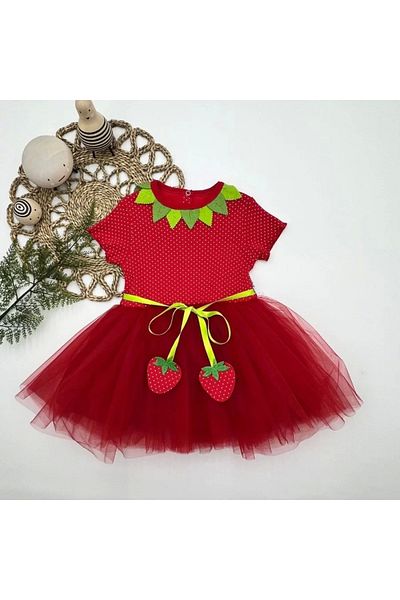 Kaplan 1-2-3 Years Old Strawberry Dolls Printed Strawberry Belted Lined Baby Girl Tutu Dress Red
