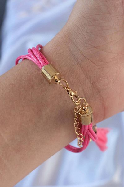 Mu Art Ahşap Pink Zircon Stone String Tassel Detail Multiple Bracelet