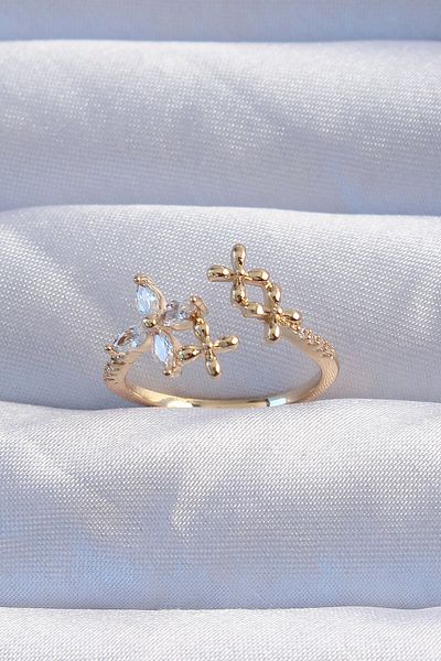 SeyCey.co Brass Gold Color Zircon Stone Flower Model Adjustable Ring