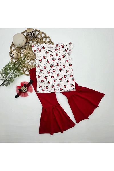 Kaplan 1-2-3-4 Years Old Mickey Printed Bandana T-Shirt Spanish Long Lycra 3-Piece Girl's Set Red