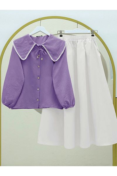 Modamorfo Lilac Romen Baby Collar Lace Sleeve Elastic Shirt