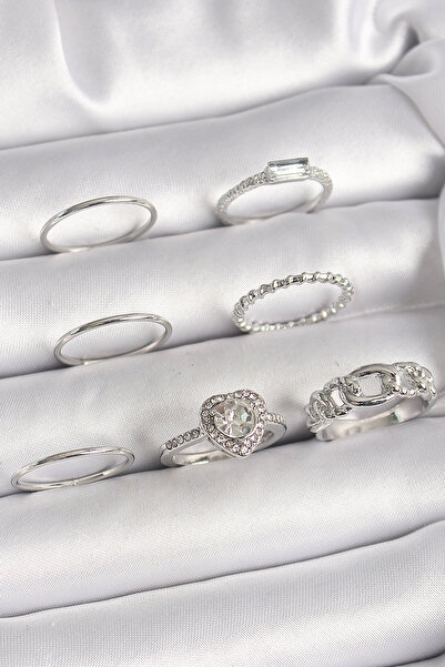 Clariss Brass Silver Color Zircon Stone Heart Model Women's Ring Combination