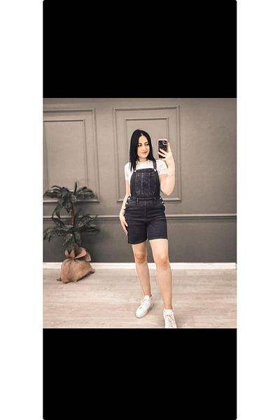 TugsatTasarTekstil Women's Black Salopet Shorts Denim Overalls Lycra Gardener