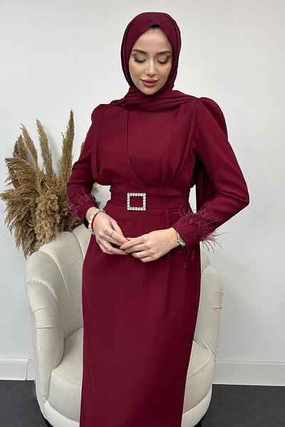 Tesettür Diyarı Women's Crepe Fabric Feather Dress Burgundy