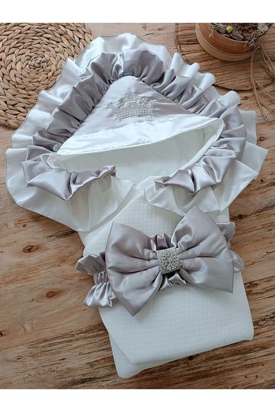 Skygo Newborn Mehtap Luxury Butterfly Crown Embroidered Baby Blanket Swaddle Gray