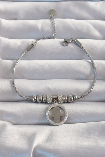 Clariss 316L Steel Silver Color Fatma Ana Hand Bracelet with Zircon Stone Acc...