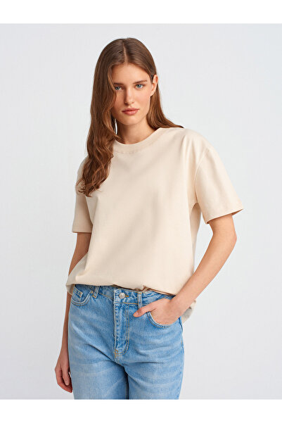 Dilvin 30312 100% pamut dekoratív varrott nyakú póló-kő