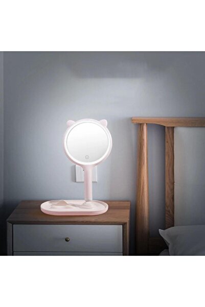 Go İthalat Kedi Kulaklı Telefon Standlı Yuvarlak Dokunmatik Led Ayarlı Masa Üstü Makyaj Aynası (4881)