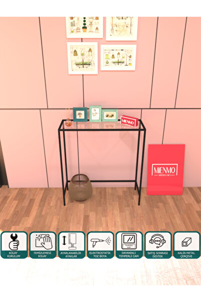 Mienmo Lumo Metal Dresuar Dekoratif Kahve Köşesi Konsol Siyah Şeffaf Camlı 80 Cm