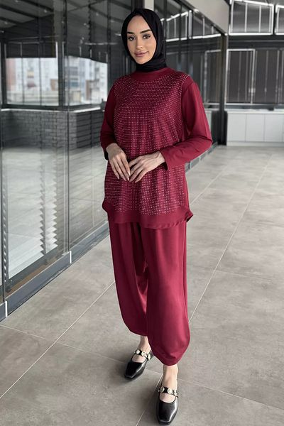 julude Βουργουνδία Πέτρα Κεντημένο Crew Neck Παντελόνι Hijab Διπλό Σετ