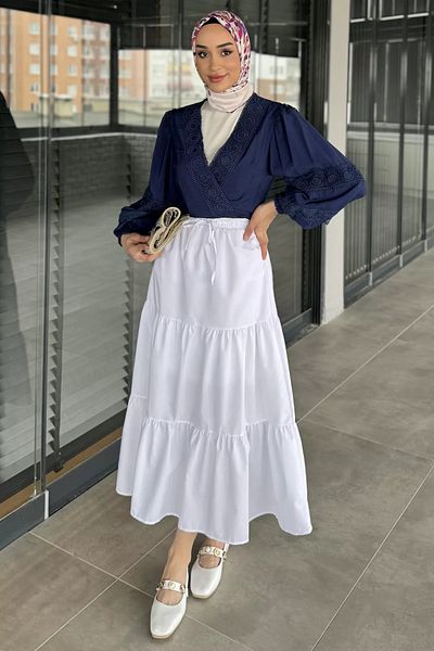 julude White Women's Elastic Waist Pleated Tiered Hijab Skirt