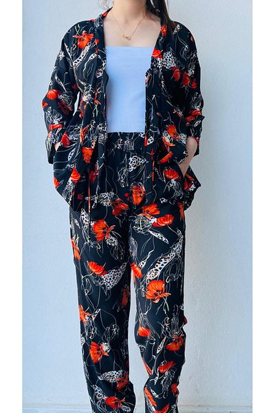 LAVİN GİYİM Women's Half Sleeve Black-Orange-Cream Rose Patterned Colorful Kimono Suit
