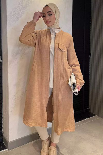 julude Μπισκότο Plus Size Πέτρινο Λεπτομερές Μπροστινό Φερμουάρ Λινό Καπάκι Hijab