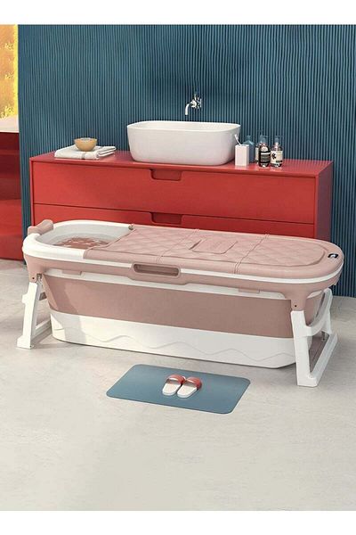 Taimi Foldable Adult Bathtub with Cover and Optional Thermometer Massage Wheel Pink 152X62X50cm