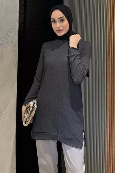 julude Anthracite Women's Crew Neck Slit Detailed Wrapped Hijab Tunic