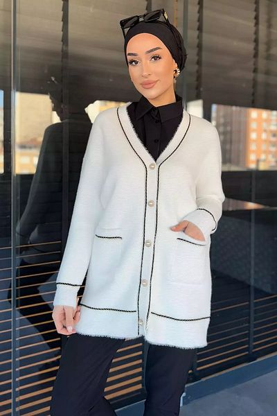 julude White Women's Double Pocket Front Buttoned Bearded Hijab Cardigan