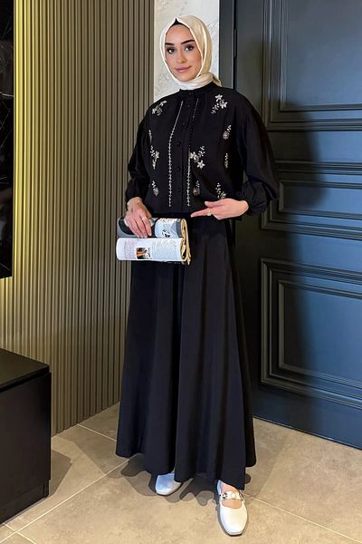 julude Μαύρη Χάντρες Κεντημένη Πουκάμισο Φούστα Hijab Διπλό Σετ