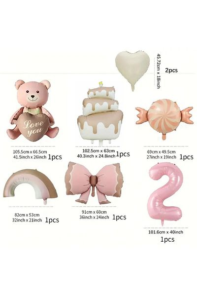 DÜVENCİ TİCARET Retro Cake Candy Bear Heart Rainbow Bow Birthday Age Party Set