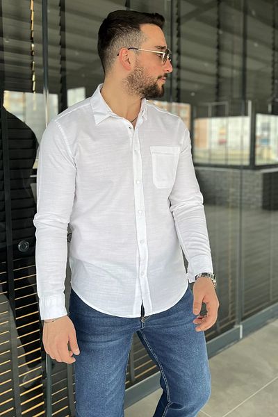 MİSHAR İTALİA Ανδρικό μακρυμάνικο πουκάμισο Cream με μονή τσέπη