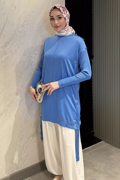 julude Tunica de tricotaj Hijab cu detaliu cu nasturi albastre