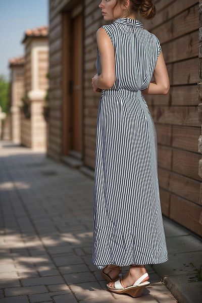 bacc Rochie cămașă lungă fără mâneci, albastru bleumarin, cu centură automată Bcbsk-25700-3143