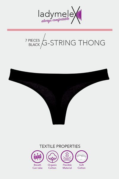 LadyMelex Women's Thong, 7 Pack String, Black Color, Soft Fabric