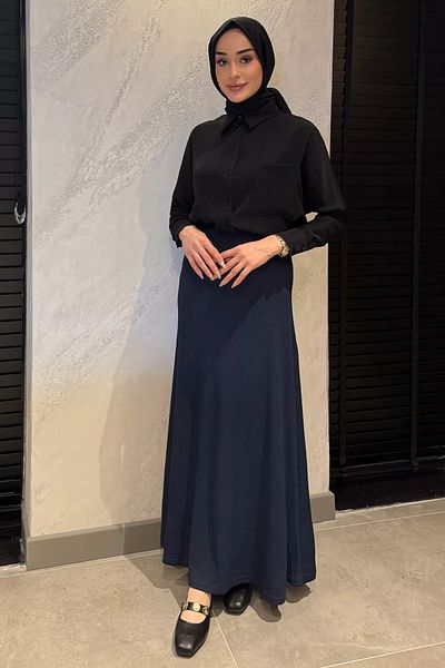 julude Γυναικεία μονόχρωμη φούστα Navy Blue με ελαστική μέση με κορδόνια Hijab Kiloş