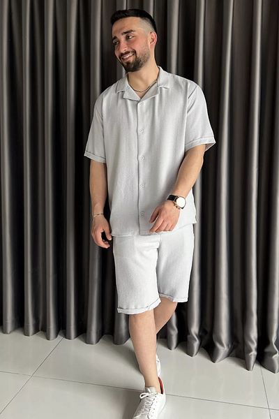 MİSHAR İTALİA Gray Men's Double Sleeve Shirt Shorts Double Set