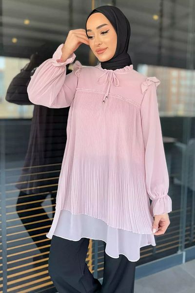 julude Πούδρα Γυναικείο Πέτο Δεμένο Πλισέ Hijab Chiffon Τούνικ