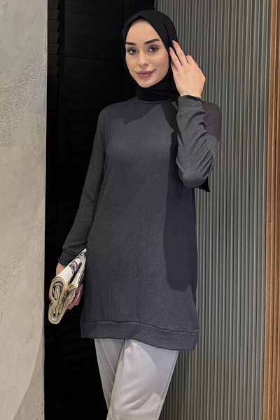 julude Anthracite Women's Crew Neck Slit Detailed Wrapped Hijab Tunic