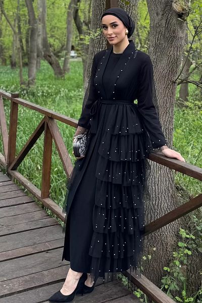 julude Black Women's Tulle Pearl Embroidered Waist Belt Detailed Two-Piece Evening Dress Set