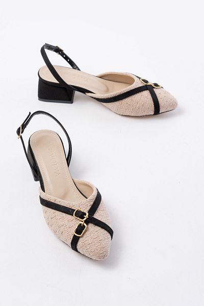 DİVOLYA Gabriel Nude Tweed Fabric Pointed Toe Ballerina Shoes with Cross Buckle (4 cm Heels)