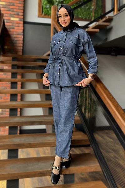 julude Set de două piese pentru femei albastre, cu curea brodata cu piatra, blugi hijab, pantaloni tunică