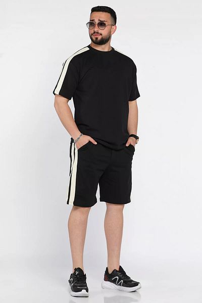 MİSHAR İTALİA Black Men's Straw Striped Oversize T-Shirt Shorts Set of Two