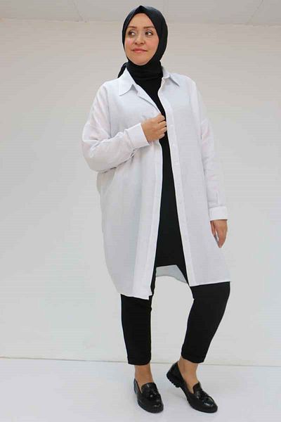 Moda Rosa 25Y58063- Ecru - Large Size Muslin Shirt with Low Arm Cuff