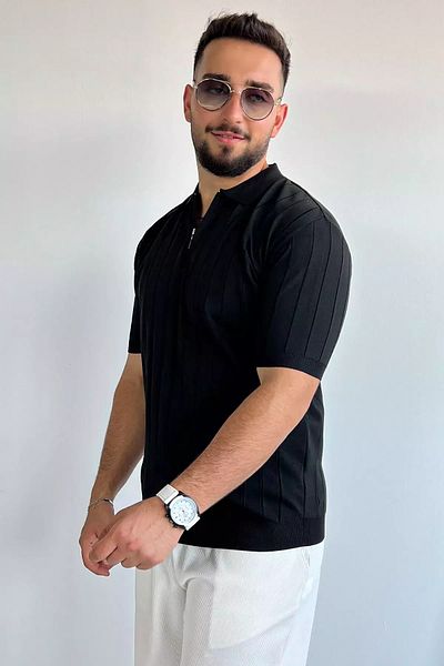 MİSHAR İTALİA Ανδρικό πλεκτό μπλουζάκι μαύρο πόλο με μισό φερμουάρ