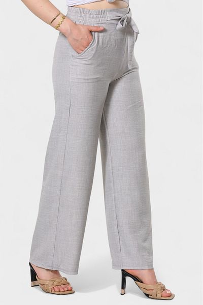 SOSYETE AVM Women's Gray Belted Elastic Waist Palazzo Linen Trousers