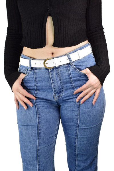 GoDeri %100 Hakiki Deri Gold Tokalı Süt Beyaz Ince Kadın Kemeri, 3cm=3cm-kdn-02