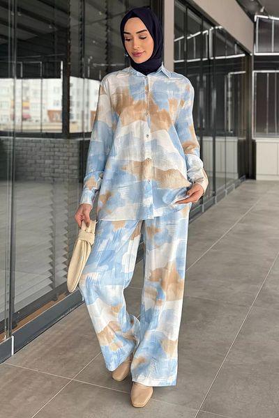 julude Set de două piese pentru femei, albastru baby, cu model, pantaloni hijab