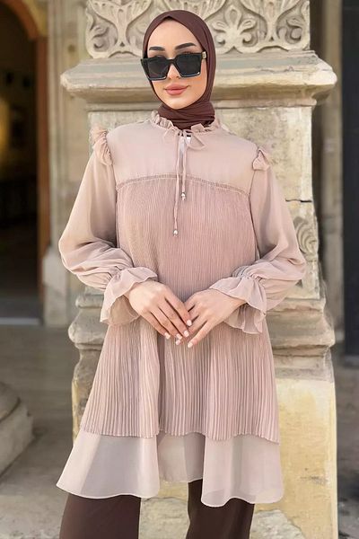 julude Μπεζ γυναικείο πέτο δεμένο πλισέ Hijab Chiffon Tunic