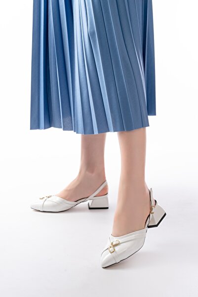 DİVOLYA Gabriel White Patent Leather Cross Buckle (4 cm τακούνι) Παπούτσια μπαλαρίνας με μυτερή μύτη