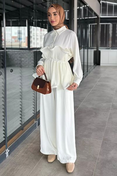 julude Κρεμ Πουκάμισο με Παντελόνι Hijab Διπλό Σετ