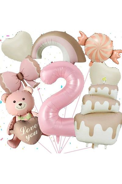 DÜVENCİ TİCARET Retro Cake Candy Bear Heart Rainbow Bow Birthday Age Party Set